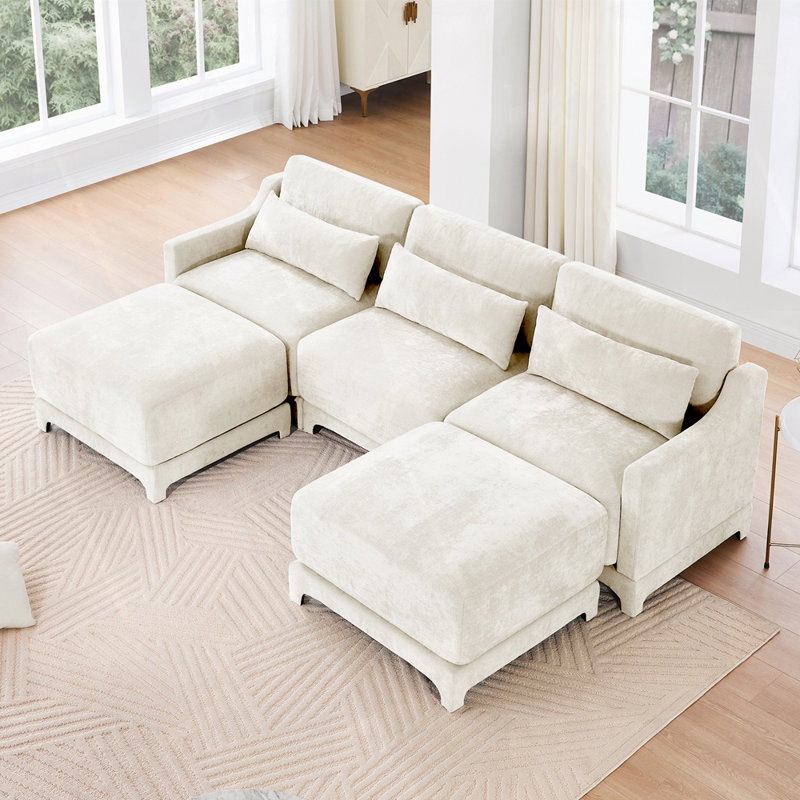 Canapé 4 places avec cadre en bois de haute qualité avec 2 repose-pieds, H 32,6 po x l 105,9 po x P 61 po, Blanc