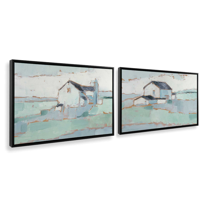 Farmhouse on Open Fields Set of 2, 13" H x 38" W, Satin Black Floater Framed