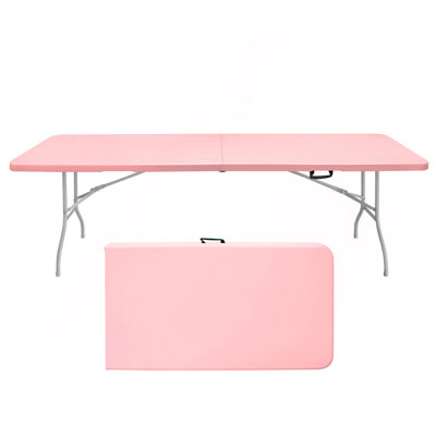8Ft Pink Folding Table, Portable Plastic Table For Camping, Picnics, Parties, High Load Bearing Foldable Table