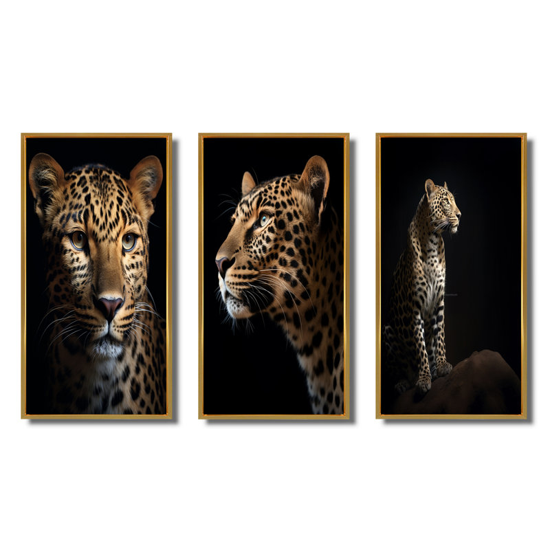 "Superbe portrait de léopard" - 3 pièces, Encadrement doré, H 32 po x l 48 po