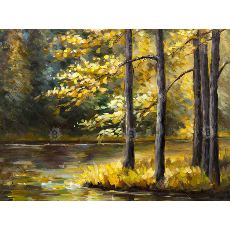 Fall Landscape by the Water - Contemporary Framed Canvas Decor