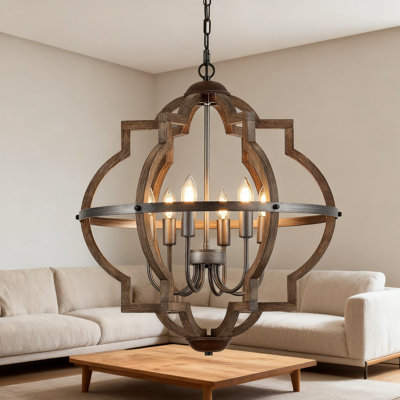 6-Light Farmhouse Chandelier Rustic Wood Pendant Light Fixture For Dining Room Kitchen Entryway Hallway Living Room