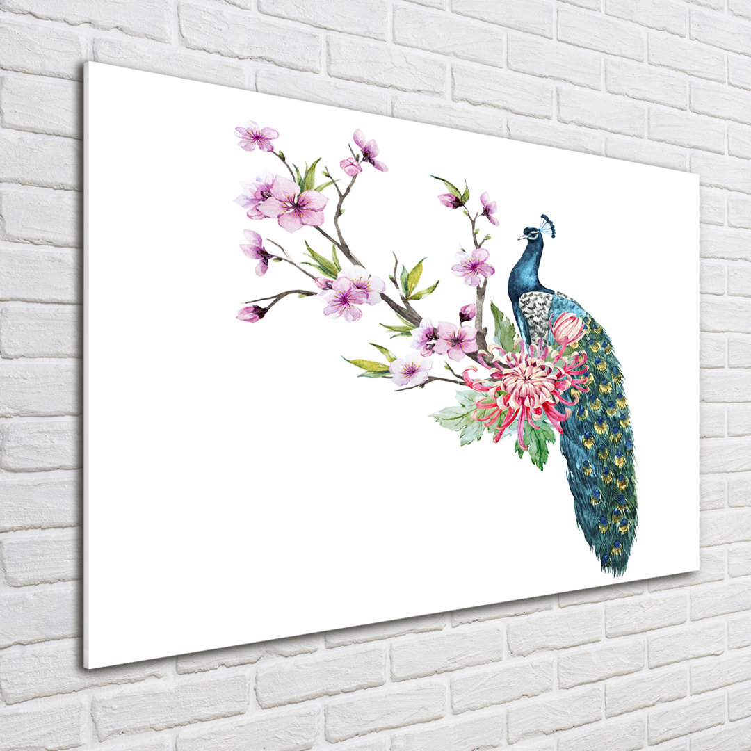 Glasbild Pfau und Blumen