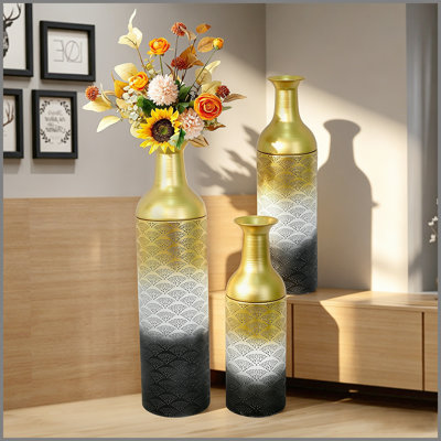 Decorative Metal Vases Set of 3, Leaf Pattern Floor Vases, White & Gold & black Tall Vases for Home Decor, Living Room Entryway Decor
