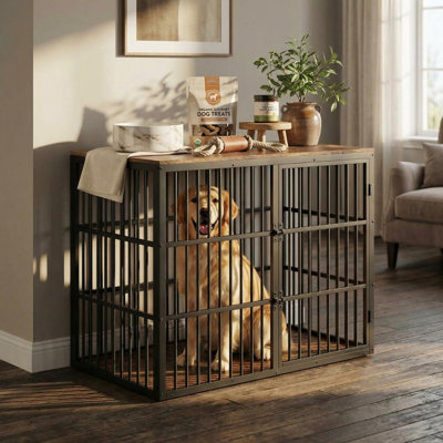 48" Triple-Entry Dog Crate Furniture with 3 Lockable Doors – Heavy Duty Metal Frame Indoor Dog Kennel Cabinet, Spacious End Table for Large Dogs – Brown & Black