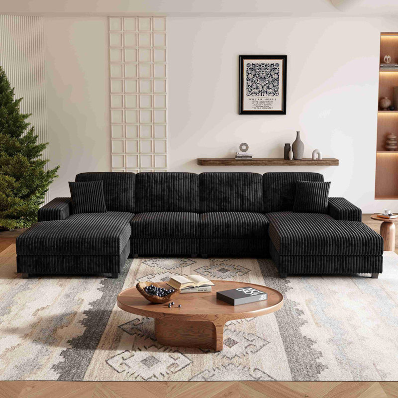 Convertible U-shaped Combination Sofa, Black Corduroy