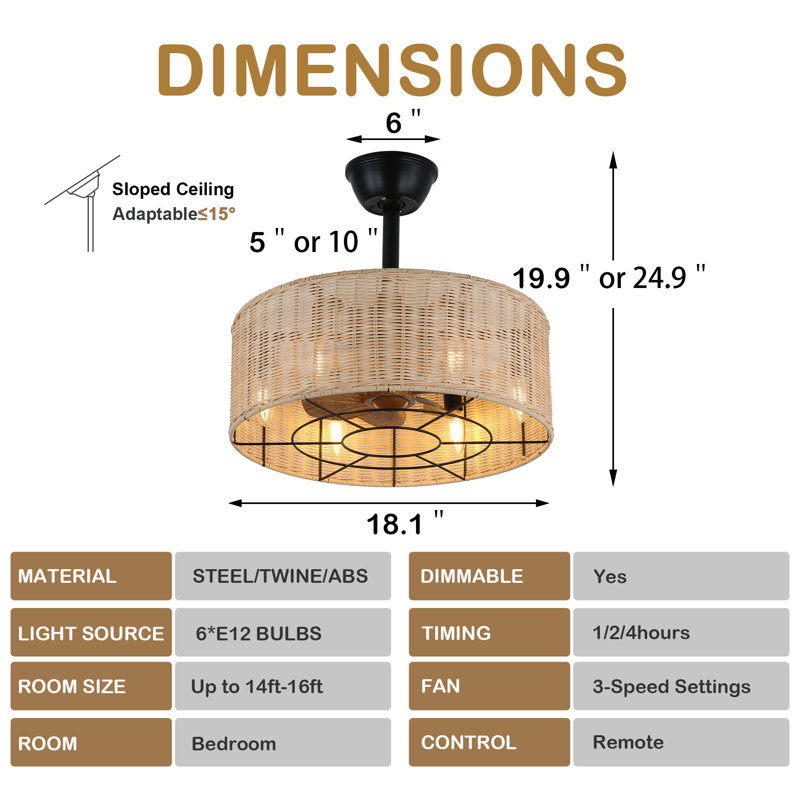Mika 18" Beige Rattan Caged Ceiling Fan with Light and Remote