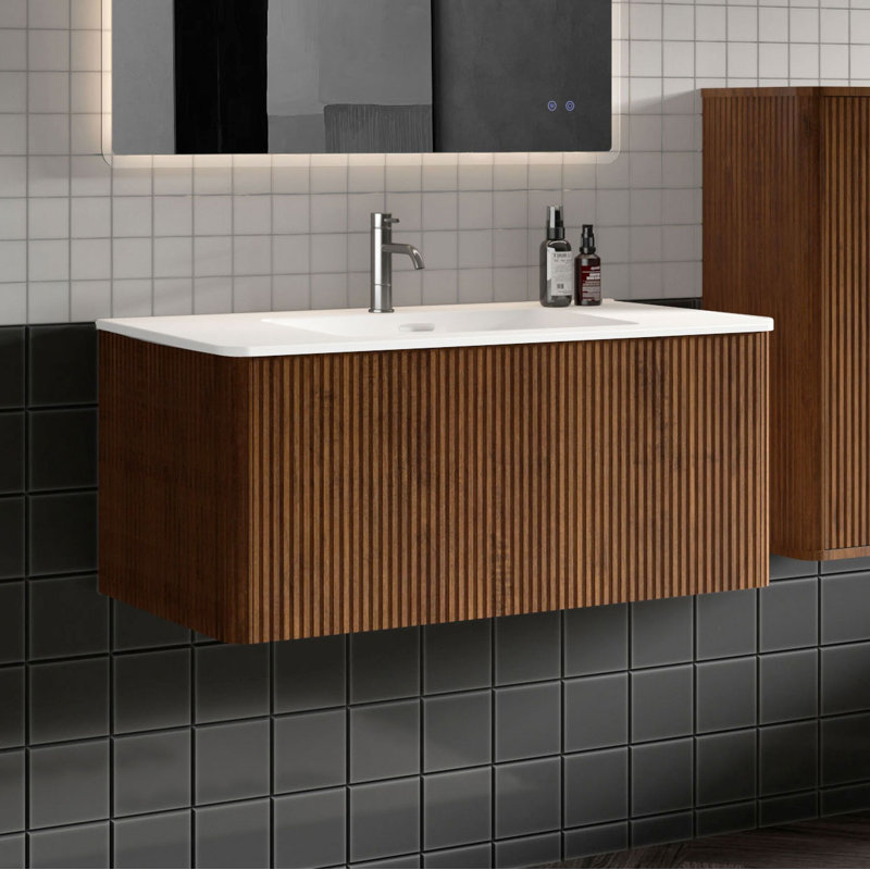 Meuble-lavabo mural simple avec comptoir avec trop-plein 36 po Hannemarie, Noyer, Matte White, 36"