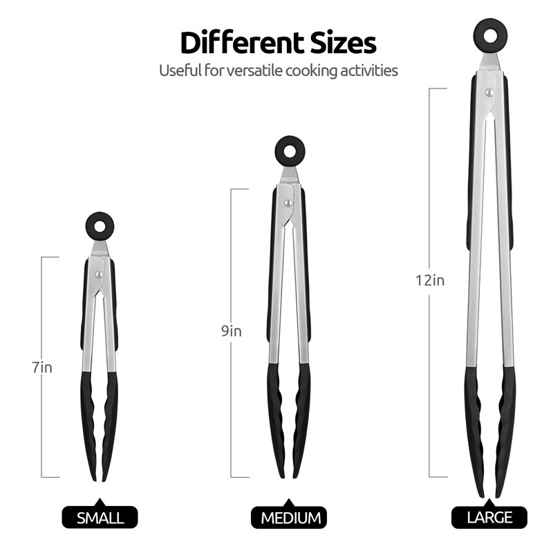 U-Taste 600ºF Heat-Resistant Silicone Kitchen Tongs: 7+9+12 Inch Heat Resistant Cooking Tong Set, Black