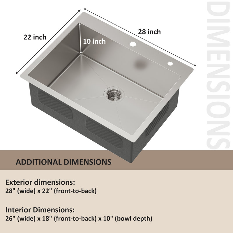 Évier de cuisine à montage sur comptoir, évier de cuisine à montage sur le dessus 28 po x 22 po, évier en acier inoxydable de calibre 16, fait à la main