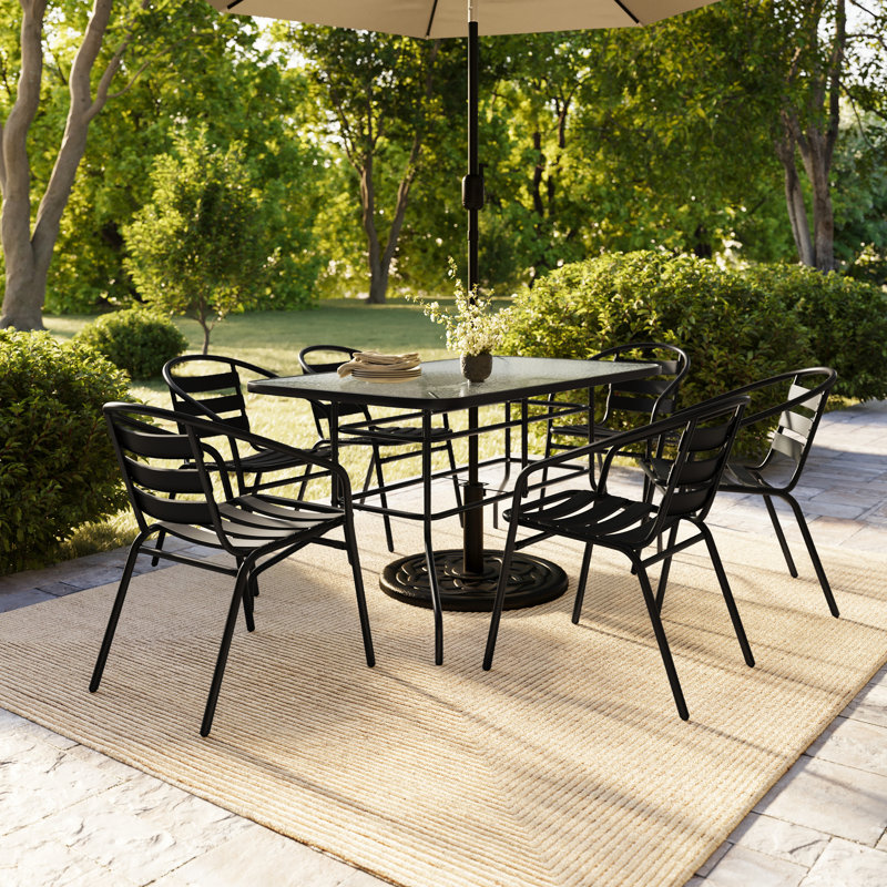 Ensemble repas d'extérieur 7 pièces Amlie - table de patio en verre trempé, 6 chaises empilables Flex Comfort