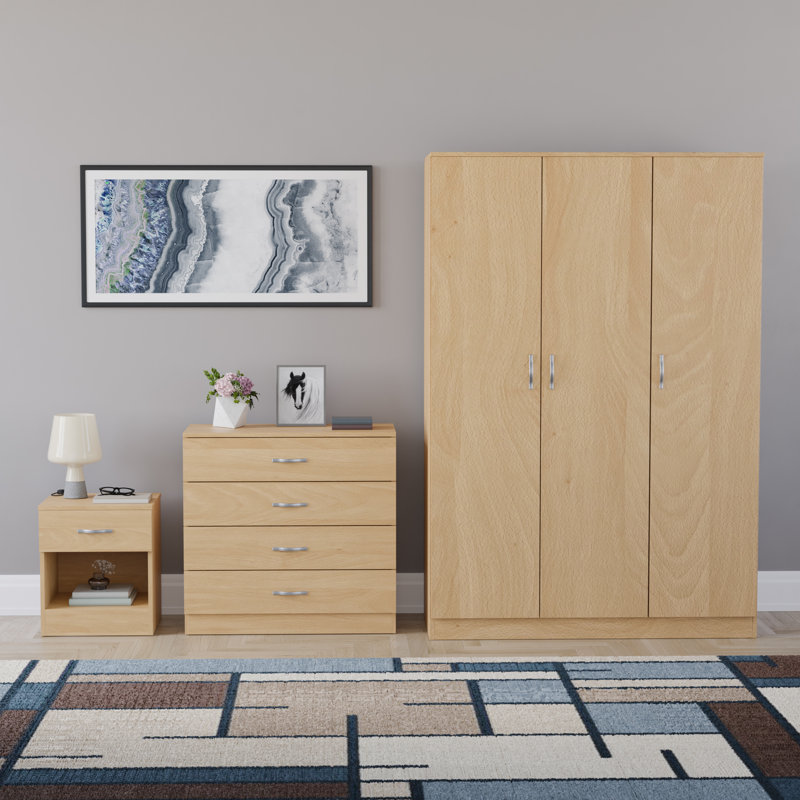 Maybery 3 Piece Bedroom Set (1 Drawer Bedside Chest, 4 Drawer Chest, 3 Door Wardrobe), (5), Pine