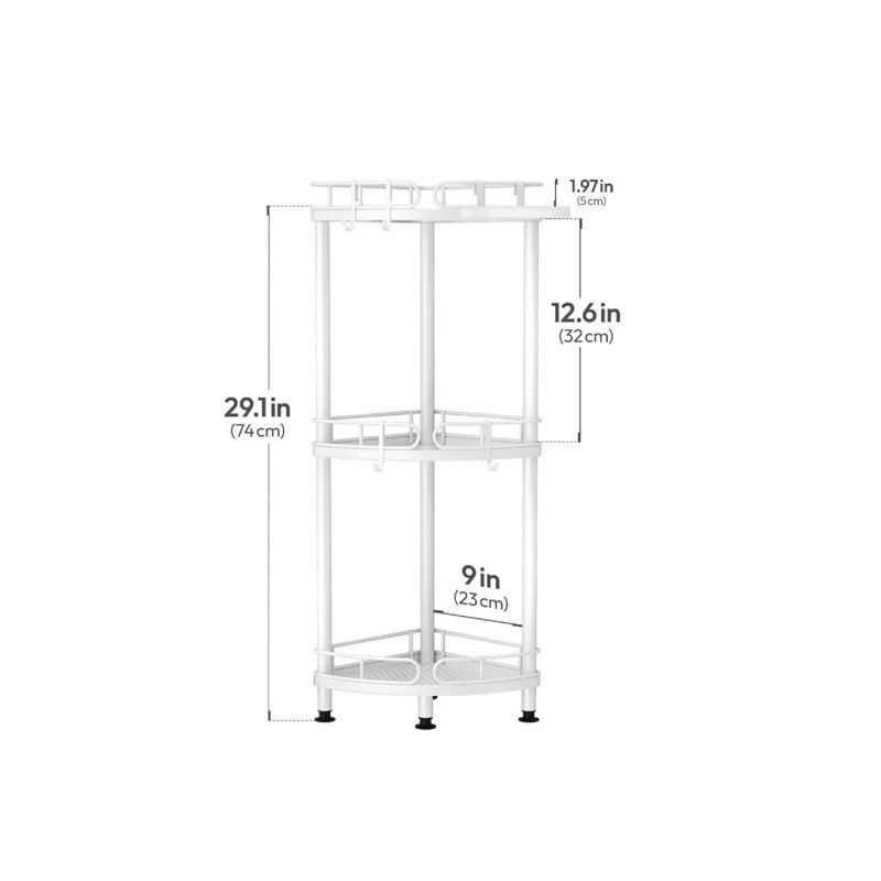 White Corner Shower Caddy Standing 3 Tier Stainless Steel Shower Organizer Stand with 4 Hooks and Soap Holder
