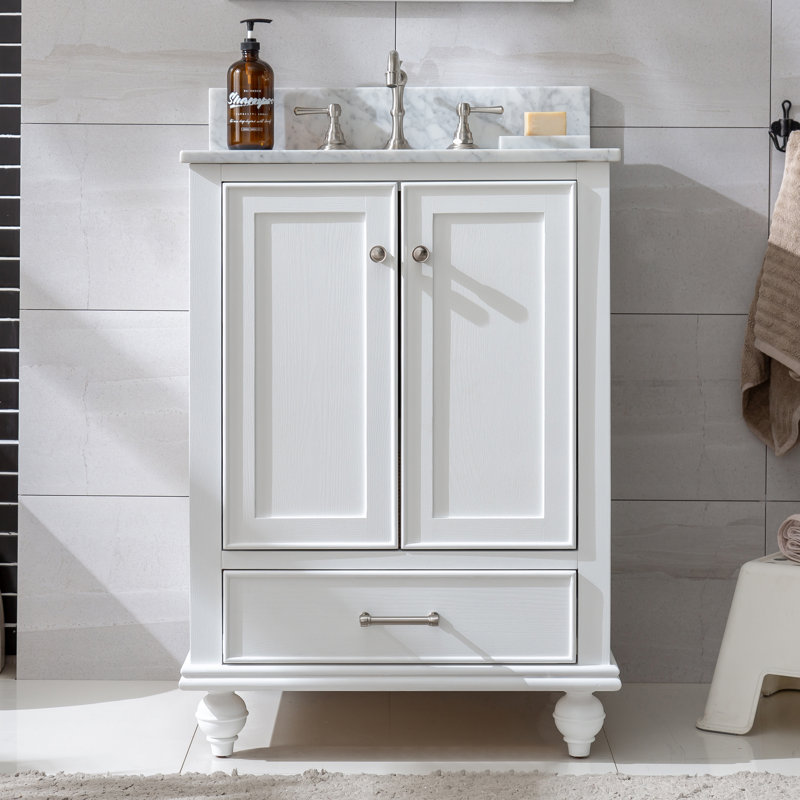 Angelissa 24" Single Bathroom Vanity Set, Grain White/Brushed nickel, Carrara White Engineered Stone