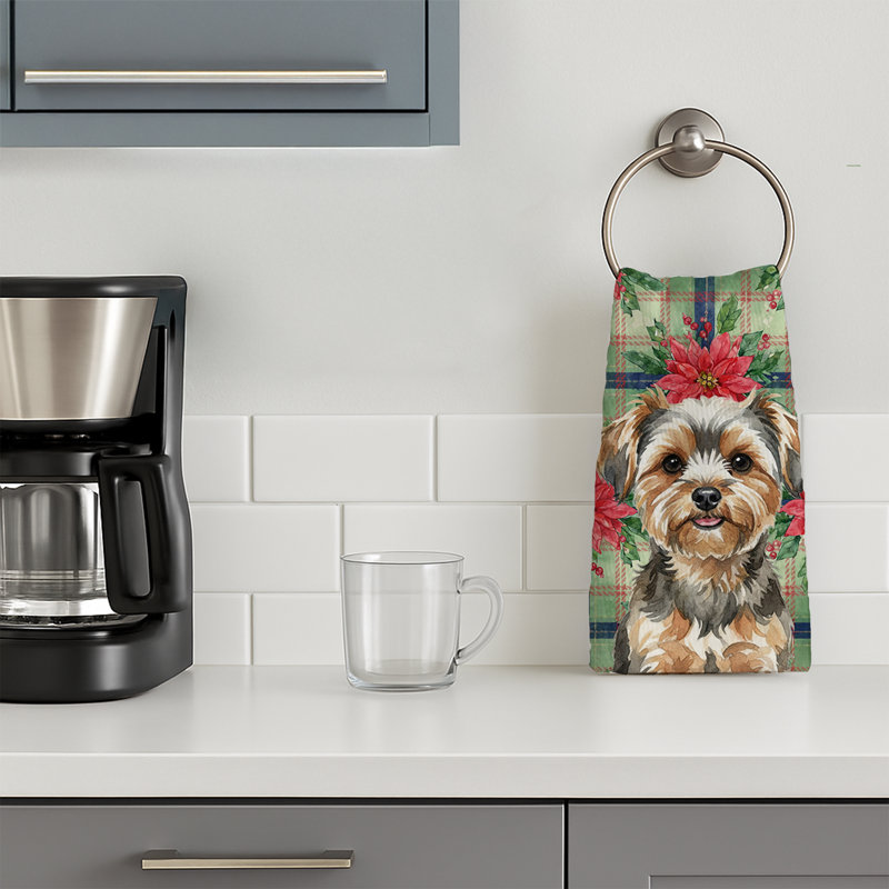 Yorkiepoo Christmas PoinsettIas Kitchen Towel, Gray/Brown Yorkiepoo