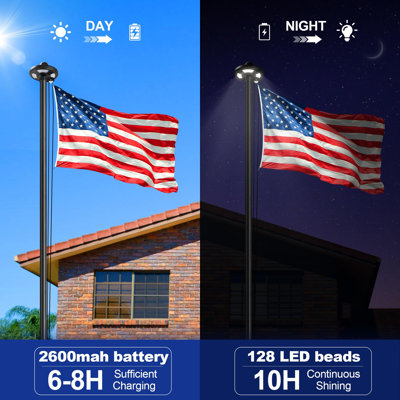 Mât de drapeau de 25 pi à énergie solaire, mât de drapeau en aluminium robuste de calibre 12 avec 126 lumières à DEL, ensemble de drapeaux 10 heures pour l'aube Ip44 imperméable pour l'extérieur de la maison (noir)