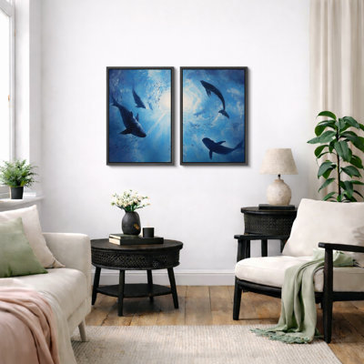 Blue Ocean Whale Artwork, Bathroom Pictures, Framed Canvas Giclee Print 2 Pieces Wall Art