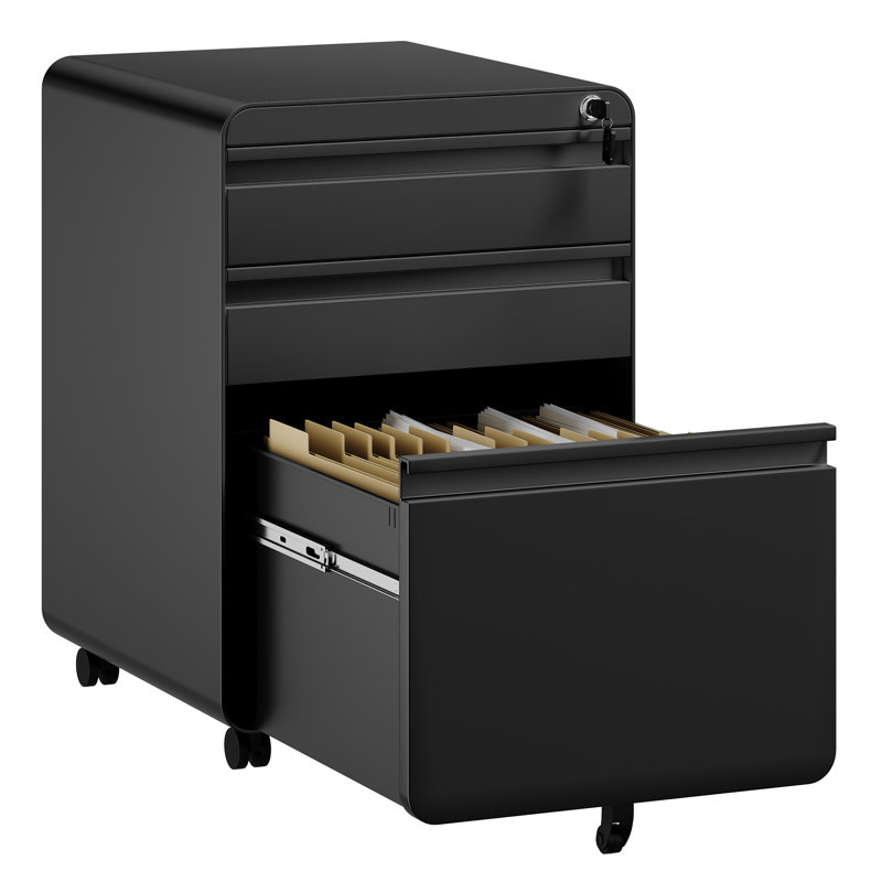 3 Drawer File Cabinet, Metal Filing Cabinets with Lock Wheels, Anti-tilt Under Desk Design (No Assembly Required), Black