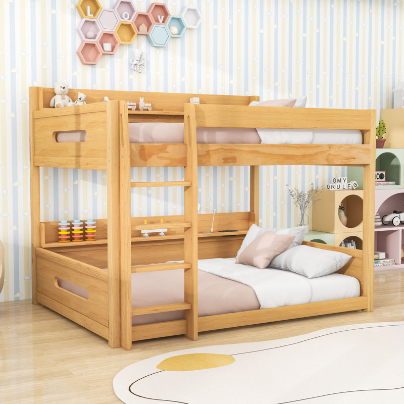 Queen Over Queen Wood Bunk Bed With Shelves, Dual Charging Stations And Guardrails, Wood