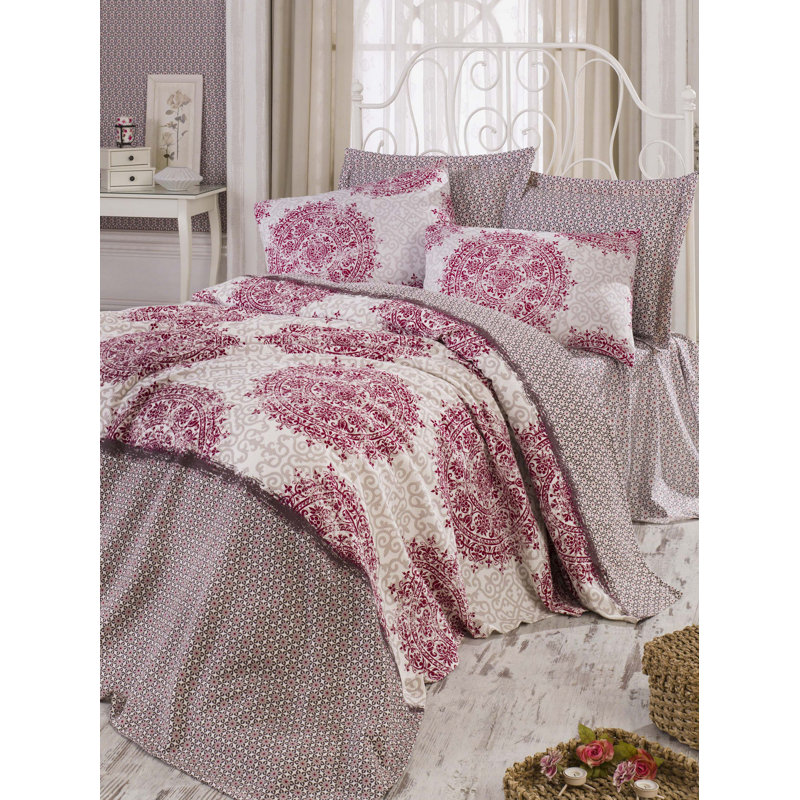 Couvre-lit 100% coton Glenavy, Fuchsia / écru / beige, Couvre-lit 61 po x 79 po