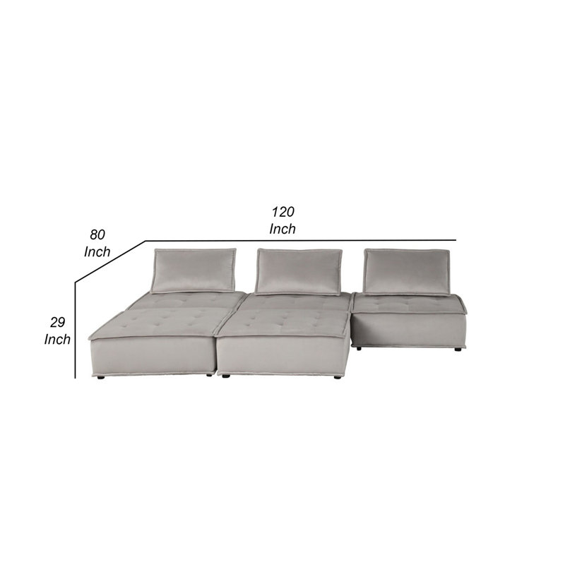 Canapé modulaire Sebron, Velours gris velours, H 29 po x l 120 po x P 80 po