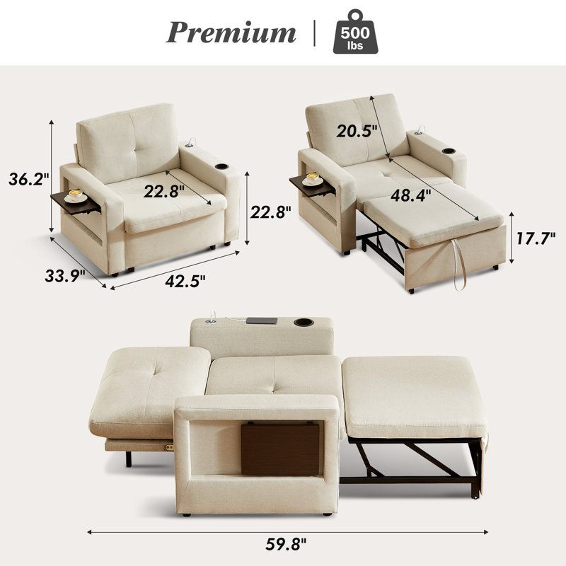 Single Sofa Bed With Usb & Type-C Charging Ports, Pull-Out Sleeper Chair With Adjustable Backrest, Storage Pocket, Cup Holder & Foldable Side Table, Linen Fabric Convertible Sofa For Small Spaces