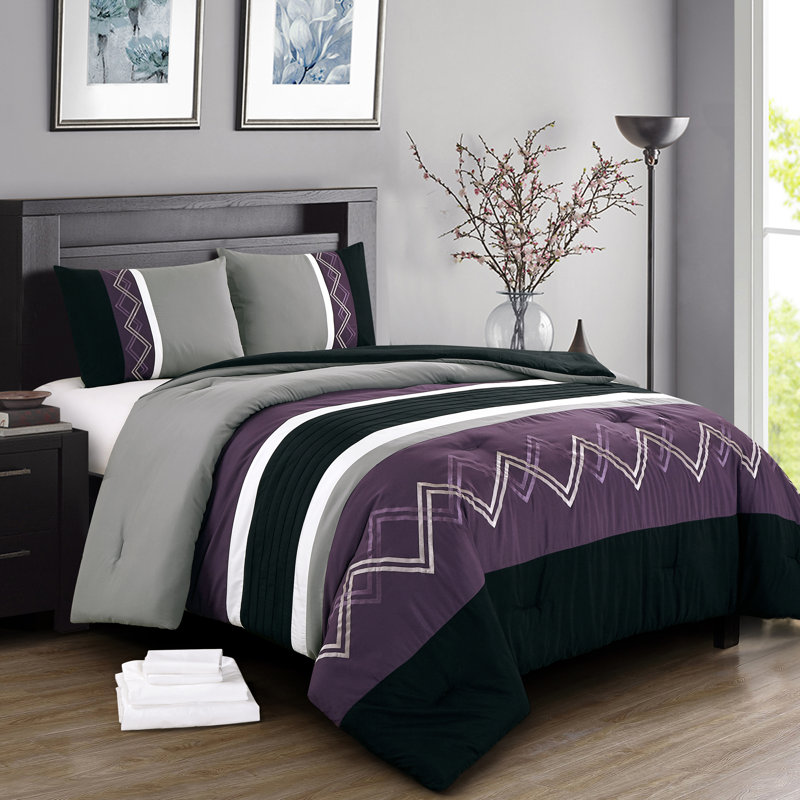7-Piece Modern Pleated Stripe Embroidered Comforter Set with Sheets, Black/Purple/Gray, Queen Comforter + 6 Additional Pieces