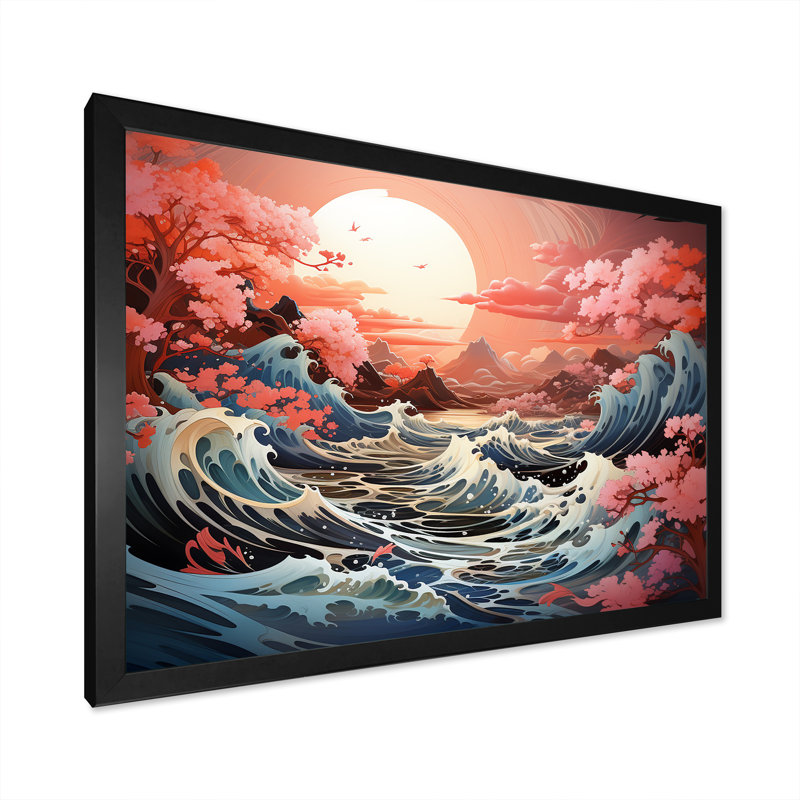 Paysage japonais de tempête océanique II sur toile, Cadre simple noir, H 30 po x l 40 po x P 1,5 po