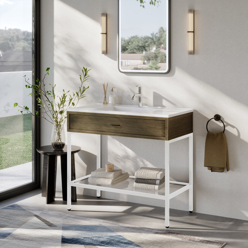 37" Modern Matte White Stainless Steel Base Bathroom Vanity with Integrated Sink, Decorative Drawer, Tempered Glass Shelf for Modern Apartments, Master and Guest Bathrooms