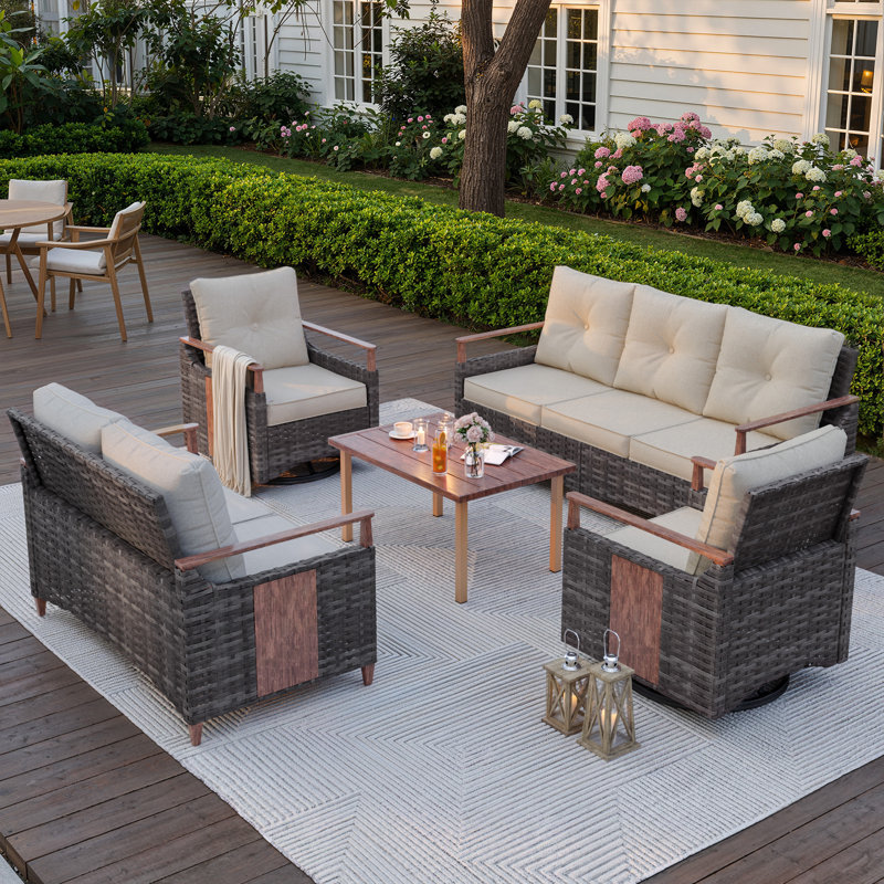 Charland 7-person Wicker Swivel Glider Chairs Patio Conversation Sets Outdoor Seating Group With Cushions, Beige