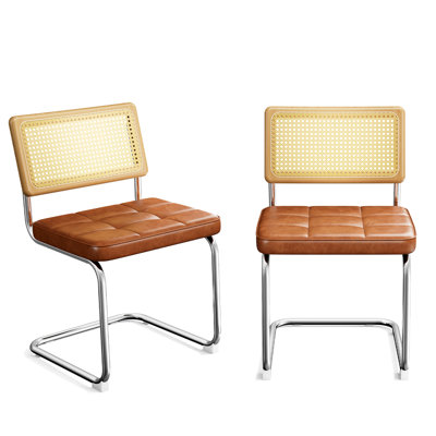 Ensemble de 2 chaises de salle à manger en rotin naturel, chaises de salle à manger modernes avec dossier en bois massif pour le salon de la cuisine, inspiré du design Mid-Century Breuer, similicuir rembourré