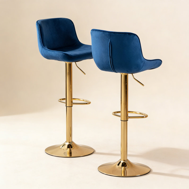 Ensemble de 2 tabourets de bar réglables en hauteur avec repose-pieds et velours mécanique chromés + pieds dorés