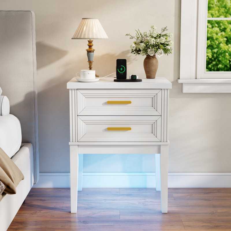 25.6“H Nightstand with Built-In Outlets and Lights, White