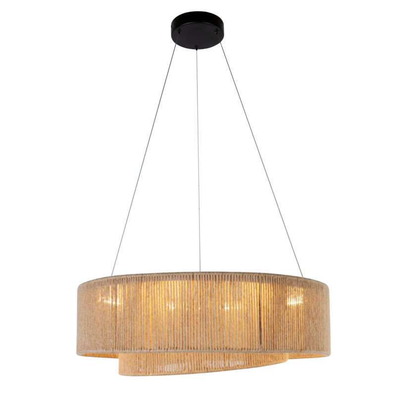 24" Modern Woven Jute Pendant Light, Double Layer Rattan Style LED Chandelier with Adjustable Cables