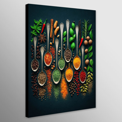 Herbs Spoons Spices Portrait Kitchen Wall Art - Canvas Framed Print