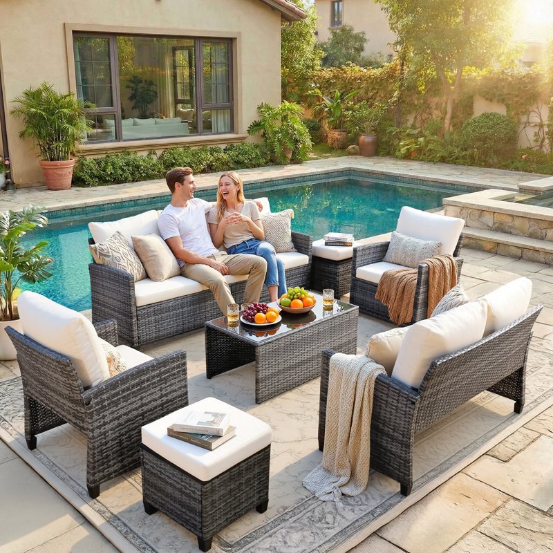 7 Pieces Outdoor Rattan Wicker Seating Group With Cushions, Beige