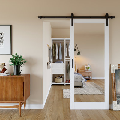 𝗙𝘂𝗹𝗹-𝗔𝘀𝘀𝗲𝗺𝗯𝗹𝗲𝗱 𝗗𝗼𝗼𝗿 𝗣𝗮𝗻𝗲𝗹, portes de grange en bois massif avec porte de grange coulissante à miroir simple face avec trousse de quincaillerie d'installation (fermeture en douceur incluse)