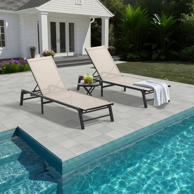 Assemble-Free Chaise Lounge Outdoor, Aluminum Outdoor Chaise Lounge Set of 2 , Patio Lounger Poolside Lay Flat Sunbathing Adjustable Backrest Pool Lou