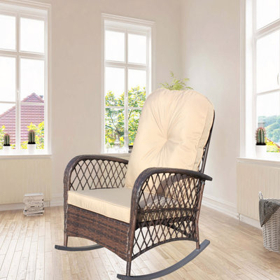 Outdoor Wicker Rocking Chair With Wide Seat, Thick, Soft Cushion, Rattan Rocker W/Steel Frame, High Weight Capacity For Patio, Garden, Backyard, Cushion