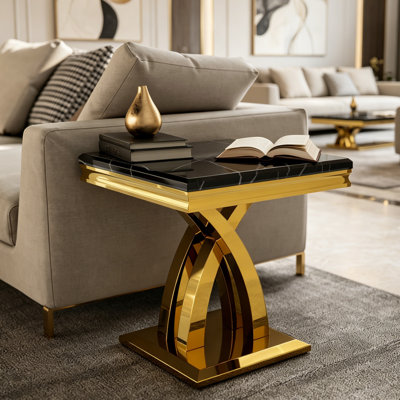 Table de bout noire et dorée avec base en X polie, ensemble de 2