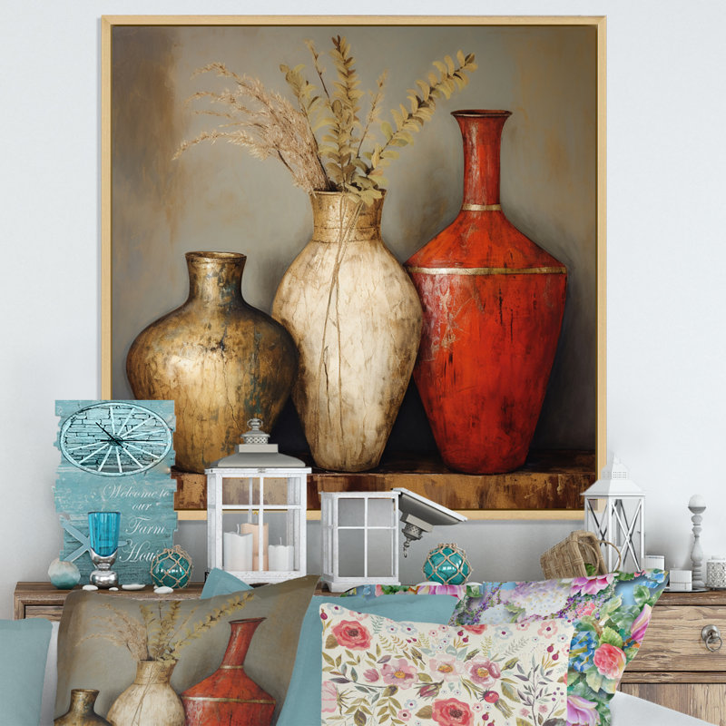 Cottage Vases rouges séchées, fleurs de blé sur toile, Cadre naturel flottant, H 36 po x l 36 po x P 1,5 po