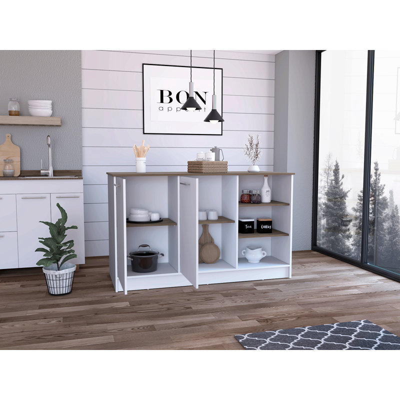 Îlot de cuisine deux armoires, trois tablettes ouvertes, blanc / brun foncé