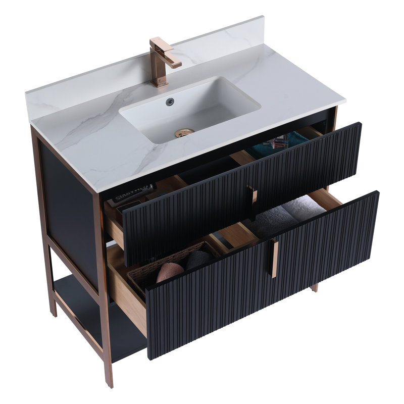 Meuble-lavabo moderne avec plateau en pierre Serenity, Noir mat / or rose, 36", Marbre de Carrare blanc