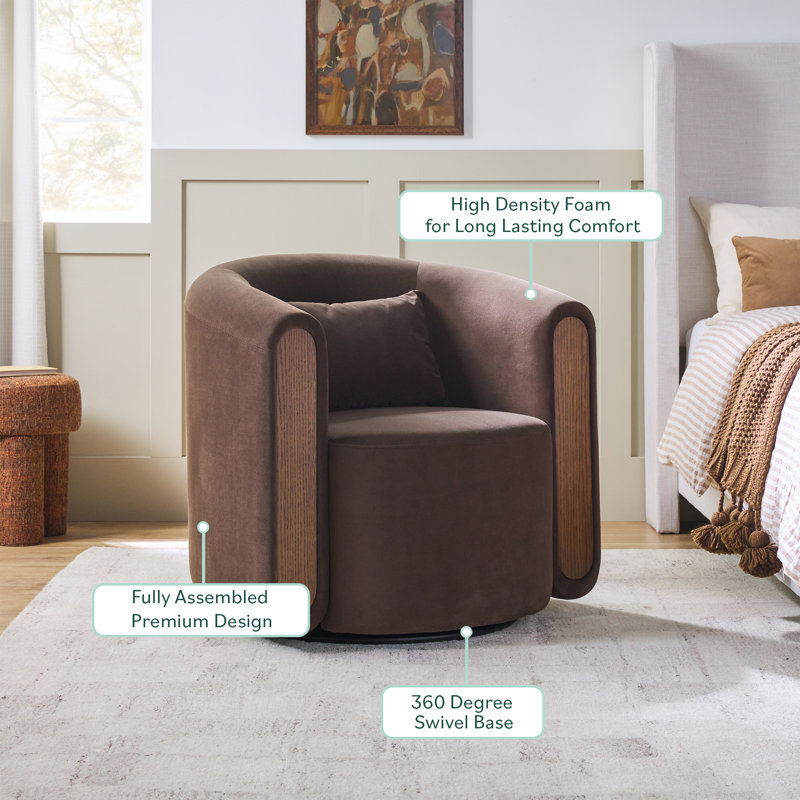 Sitarski Modern Upholstered Swivel Barrel Accent Chair, Café Noir Velvet