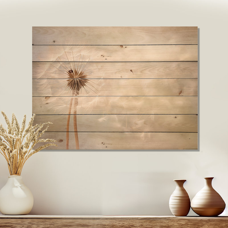 Impression romantique pissenlit blanc IV sur bois, H 24 po x l 32 po x P 0,78 po