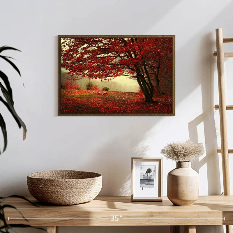 Arbre rouge en automne, 19 po x 13 po, Cadre flottant noyer