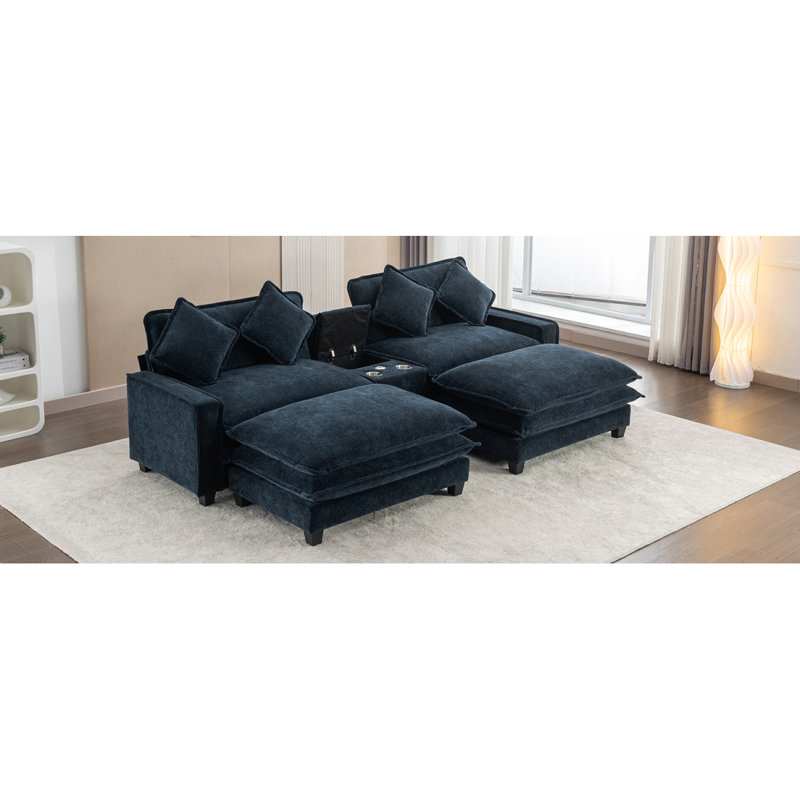  Canapé modulaire en chenille avec deux repose-pieds amovibles, deux ports USB, deux porte-gobelets et une grande boîte de rangement pour le salon 