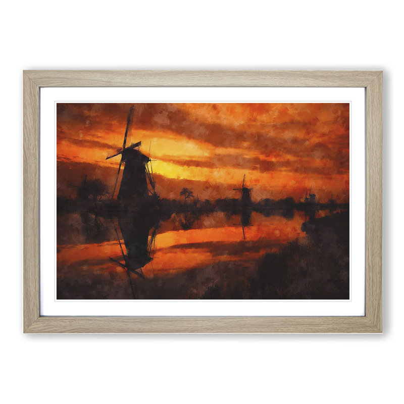 Windmill at Sunset Vol.2 - Picture Frame Painting, 48cm H x 65cm W x 2cm D, Oak Framed