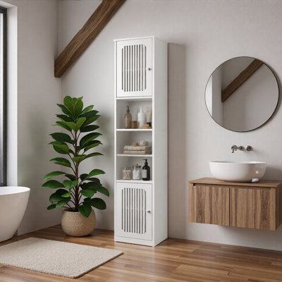 64-Inch Bathroom tall cabinet with adjustable drawer shelves, louvered door floor-standing storage unit, multi-tiered vertical narrow storage cabinet for bathroom