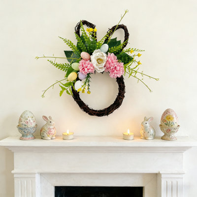 Easter Bunny Shaped Wreath Suitable For Front Door Hanging Window Display Or General Easter/spring Decoration Features String Egg Bow And Bunny Ear